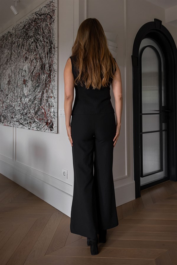 Düğme Kapamalı Yelekli Takım - SİYAH