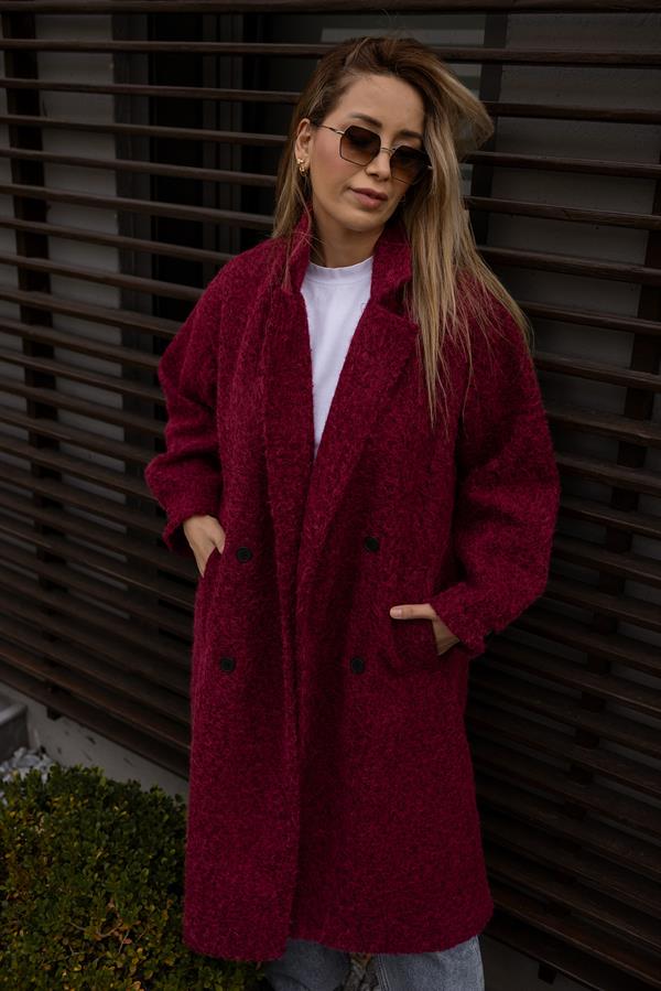 Düğmeli Buklet Kaban - BORDO