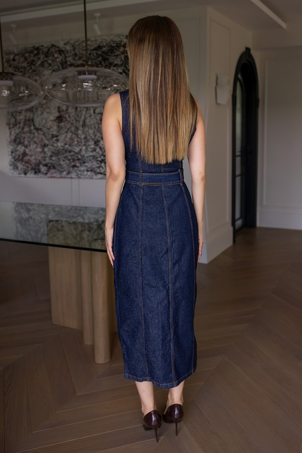 Düğmeli Kuşaklı Denim Elbise - LACİVERT