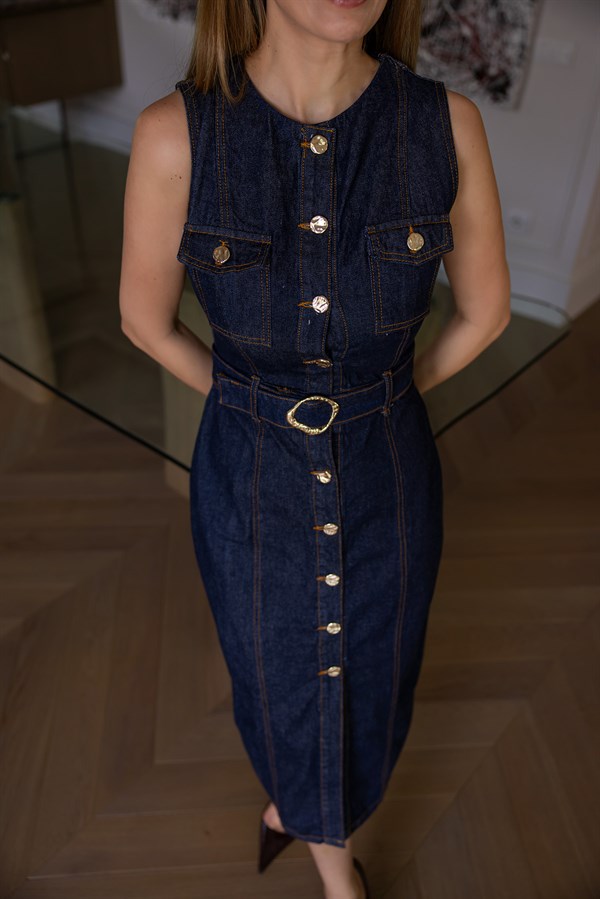 Düğmeli Kuşaklı Denim Elbise - LACİVERT