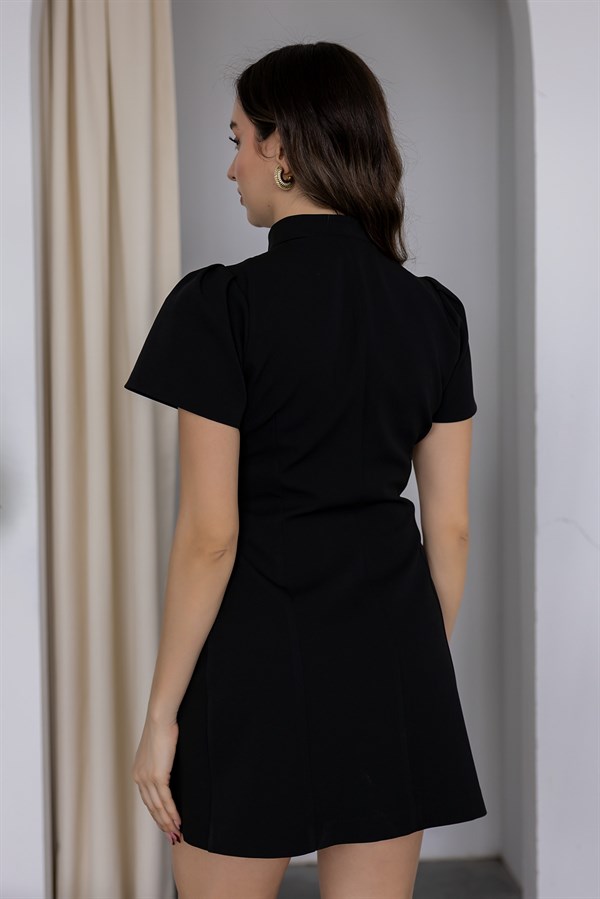 Düğmeli Tasarım Elbise - SİYAH