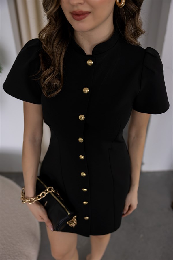 Düğmeli Tasarım Elbise - SİYAH