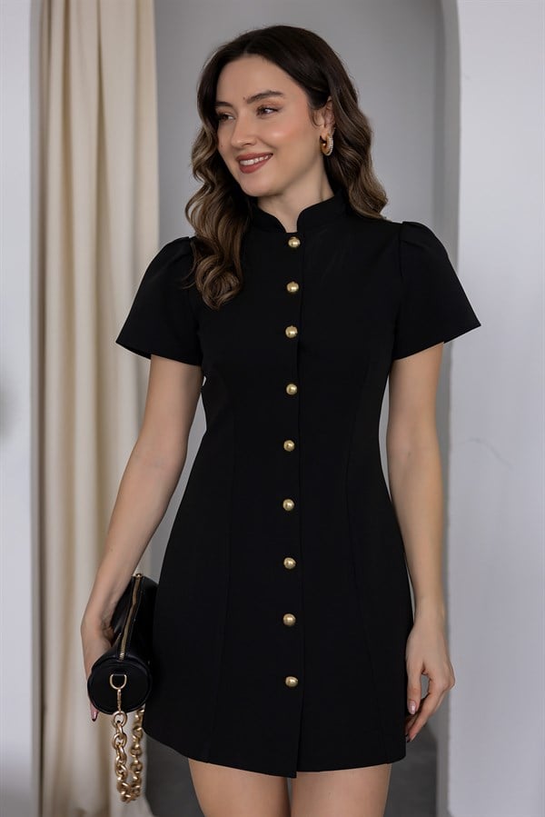 Düğmeli Tasarım Elbise - SİYAH