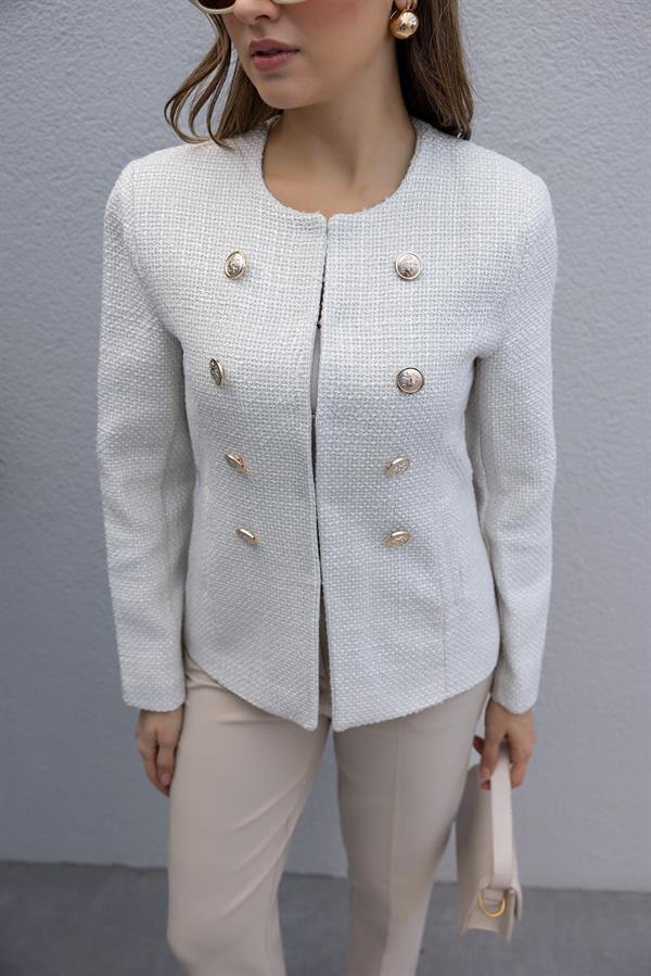 Düğmeli Tüvit Ceket - BEYAZ