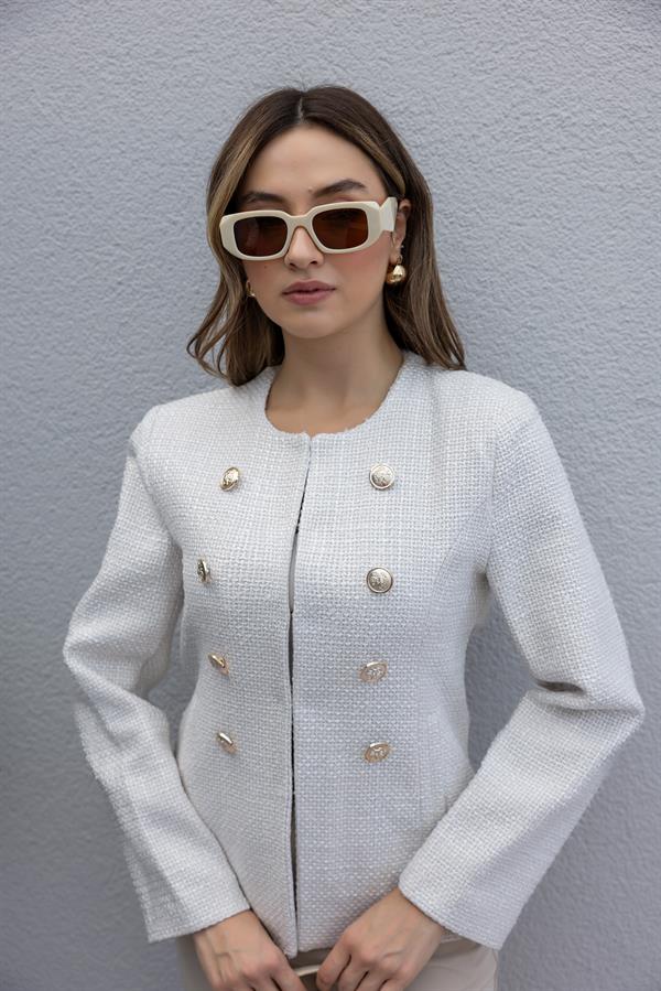 Düğmeli Tüvit Ceket - BEYAZ