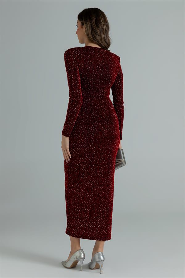 Düğüm Detay Işıltılı Elbise - BORDO