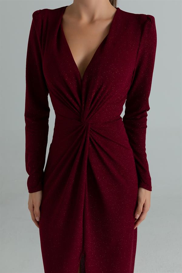 Düğüm Detay Simli Elbise - BORDO