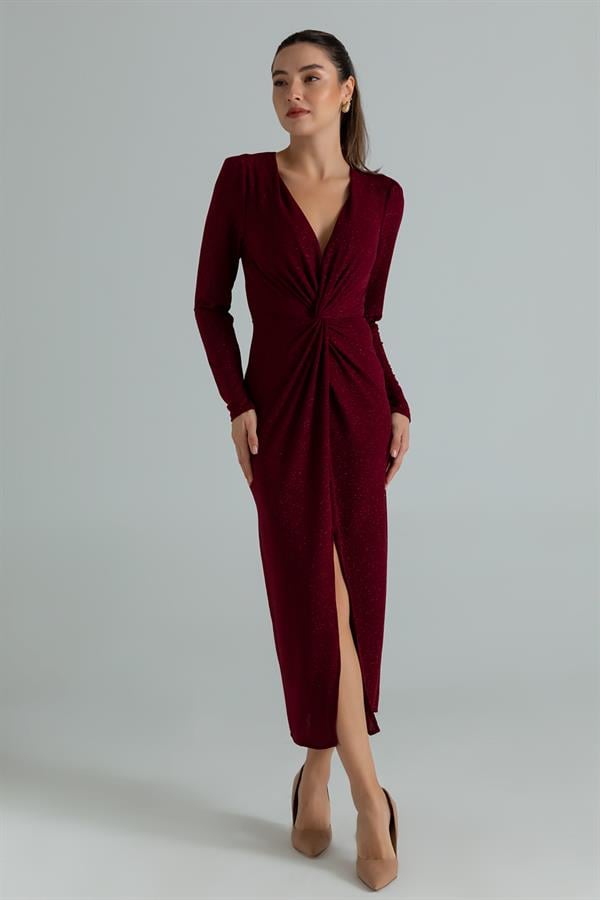 Düğüm Detay Simli Elbise - BORDO