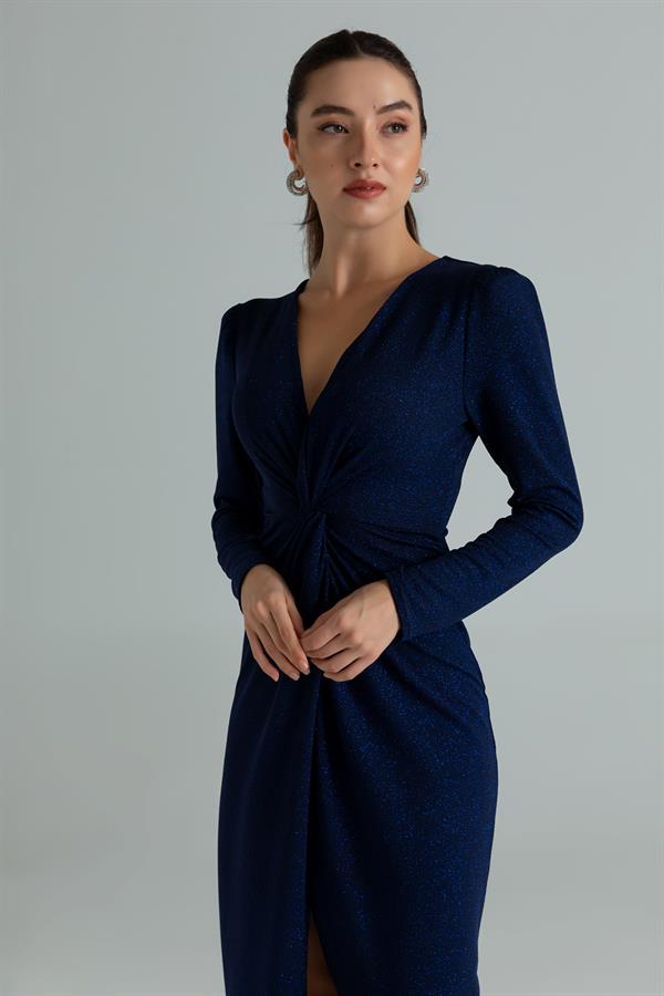 Düğüm Detay Simli Elbise - LACİVERT