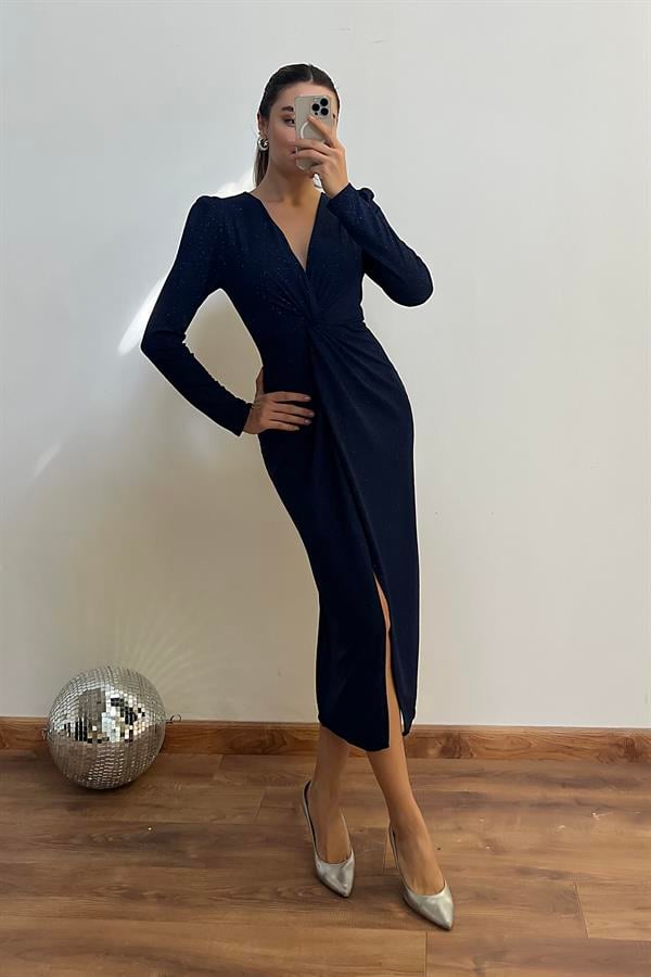 Düğüm Detay Simli Elbise - LACİVERT
