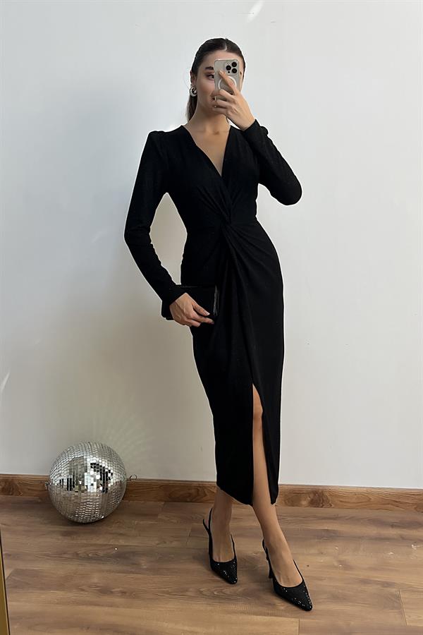 Düğüm Detay Simli Elbise - SİYAH