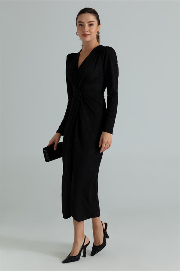 Düğüm Detay Simli Elbise - SİYAH