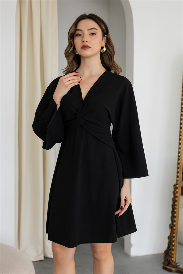 Düğümlü Krep Elbise - SİYAH