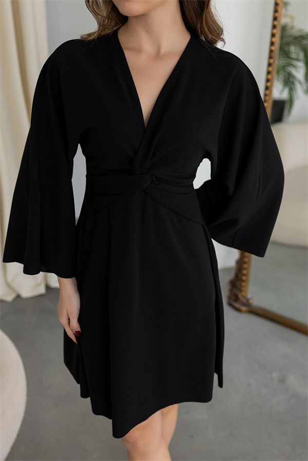 Düğümlü Krep Elbise - SİYAH