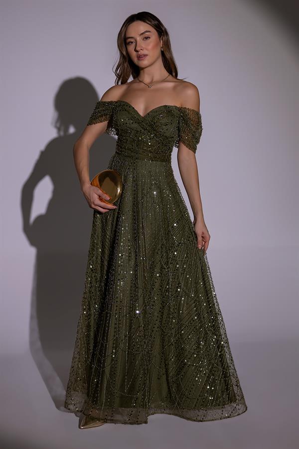 Düşük Omuz Boncuklu Abiye - YEŞİL