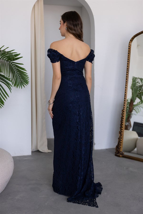 Düşük Omuz Dantelli Abiye - LACİVERT