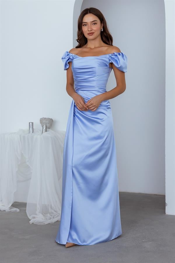 Düşük Omuz Drapeli Abiye - BEBE MAVİSİ