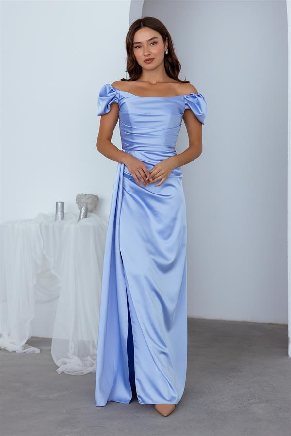 Düşük Omuz Drapeli Abiye - BEBE MAVİSİ