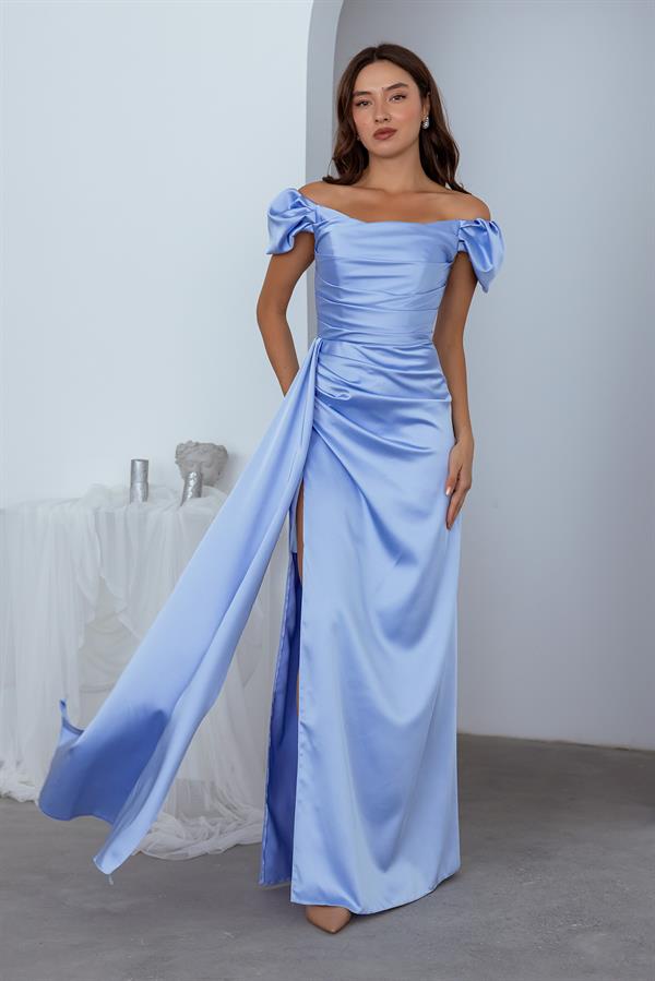 Düşük Omuz Drapeli Abiye - BEBE MAVİSİ