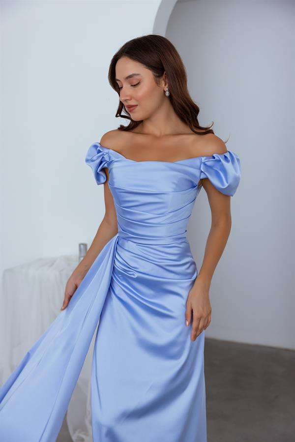 Düşük Omuz Drapeli Abiye - BEBE MAVİSİ