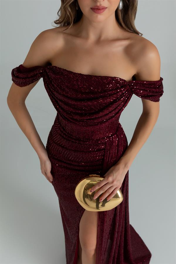 Düşük Omuz Yırtmaçlı Payetli Abiye - BORDO