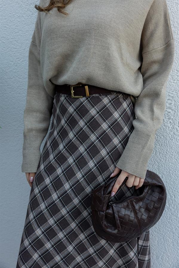 Ekose Desen Uzun Etek - KAHVERENGİ