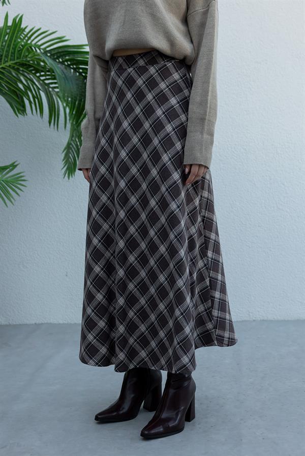 Ekose Desen Uzun Etek - KAHVERENGİ