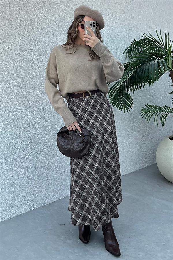 Ekose Desen Uzun Etek - KAHVERENGİ