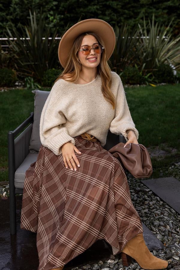 Ekose Desenli Asimetrik Etek - KAHVERENGİ