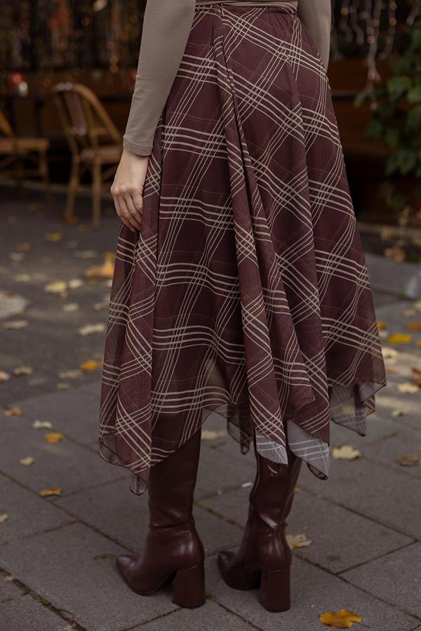 Ekose Desenli Asimetrik Etek - KAHVERENGİ