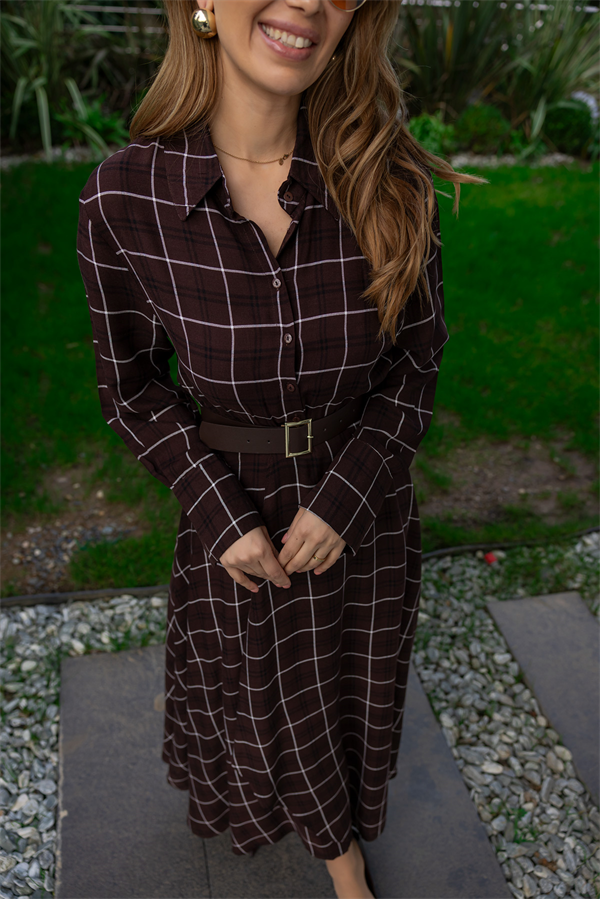 Ekose Desenli Gömlek Elbise - KAHVERENGİ