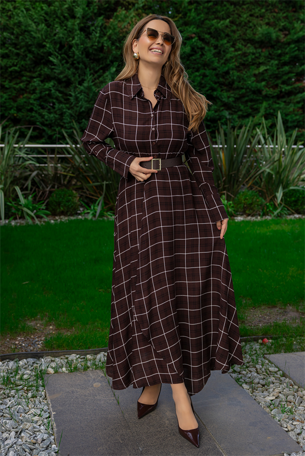 Ekose Desenli Gömlek Elbise - KAHVERENGİ