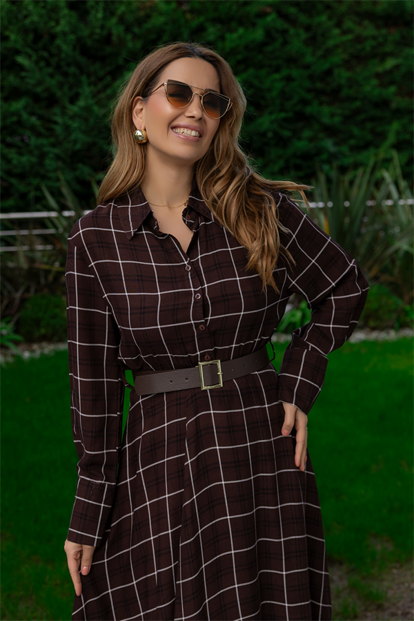 Ekose Desenli Gömlek Elbise - KAHVERENGİ