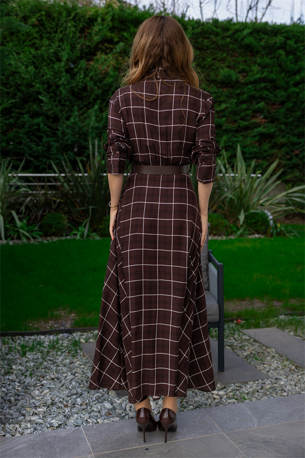 Ekose Desenli Gömlek Elbise - KAHVERENGİ