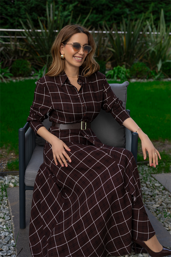 Ekose Desenli Gömlek Elbise - KAHVERENGİ