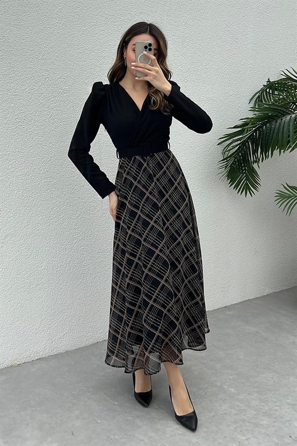 Ekose Etekli Krep Elbise - SİYAH