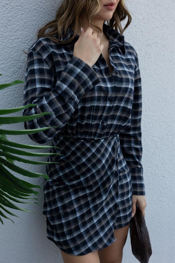 Ekose Gömlek Elbise - KAHVERENGİ