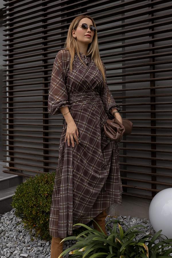 Ekoseli Tül Elbise - KAHVERENGİ