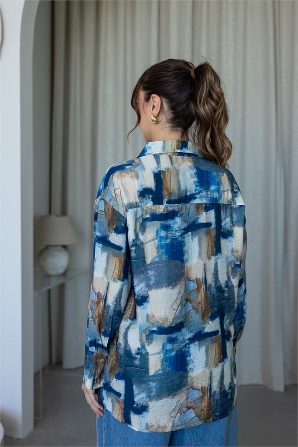Empirme Desenli Oversize Gömlek - İNDİGO