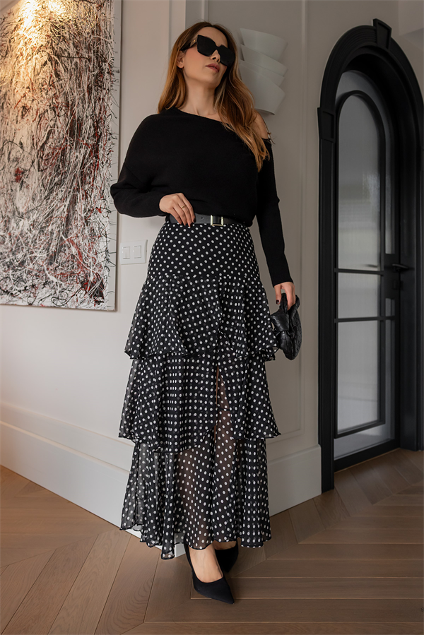 Etek Kat Kat Puantiyeli Etek - SİYAH