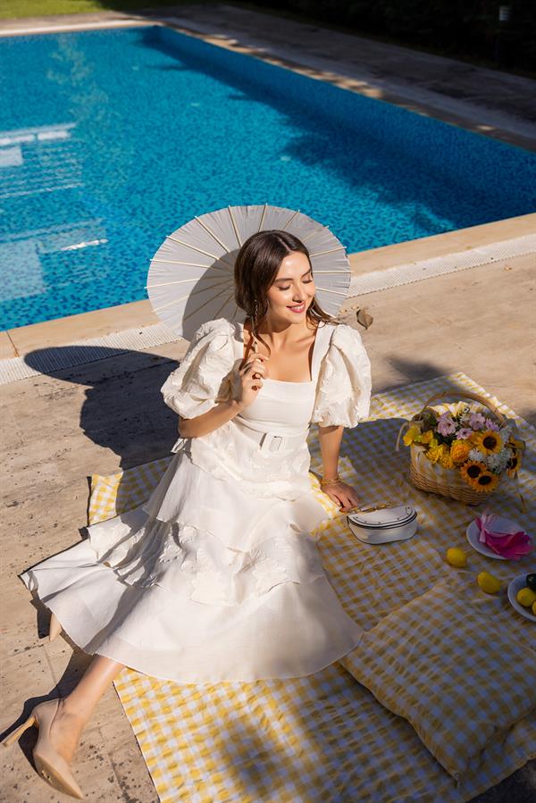 Etek Kat Tasarım Elbise - KREM