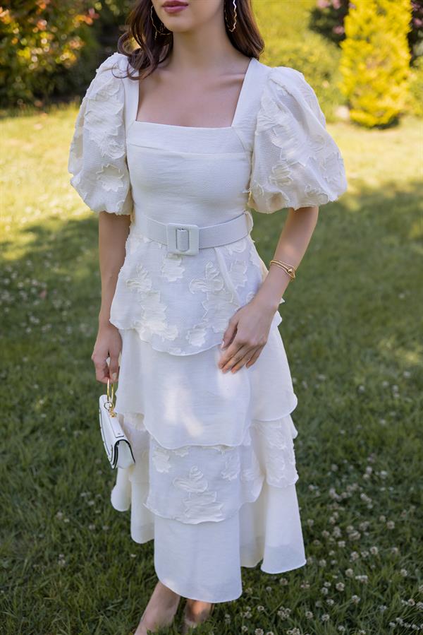 Etek Kat Tasarım Elbise - KREM