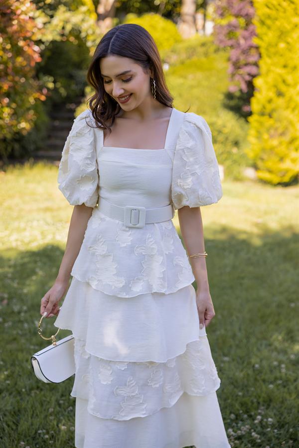 Etek Kat Tasarım Elbise - KREM