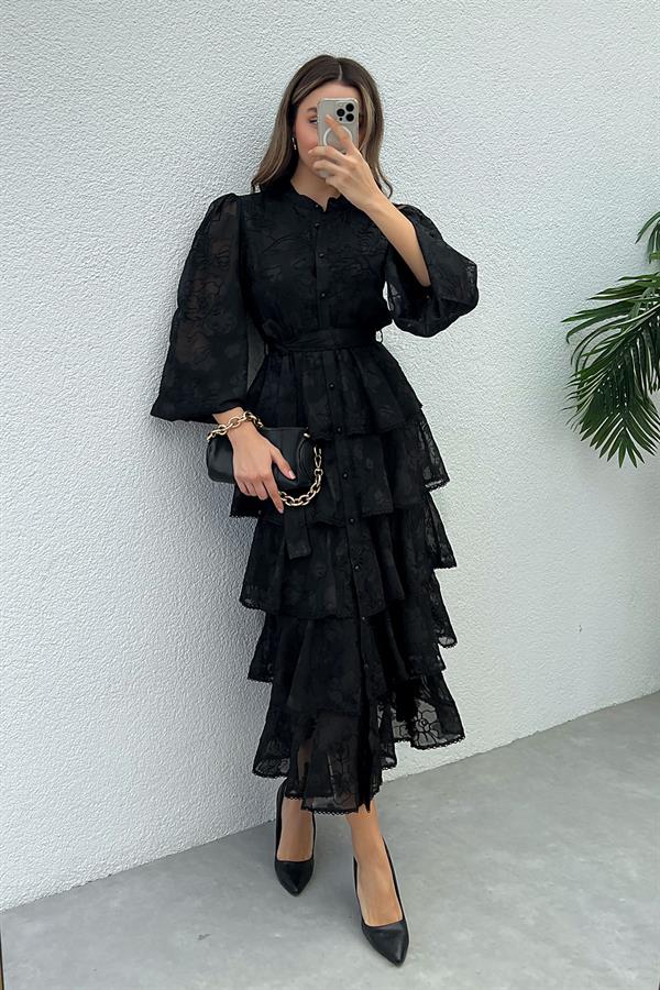 Etek Kat Volanlı Tasarım Elbise - SİYAH