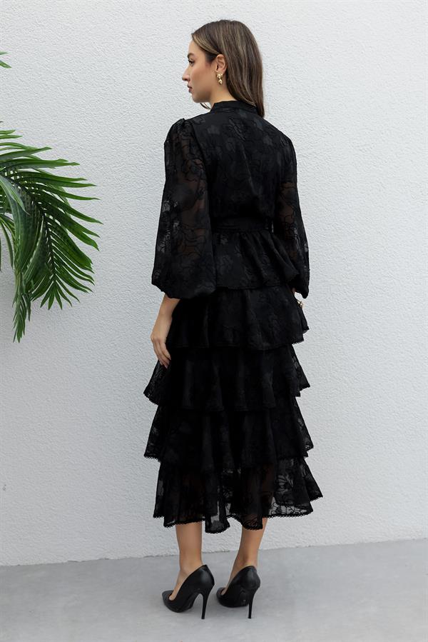 Etek Kat Volanlı Tasarım Elbise - SİYAH