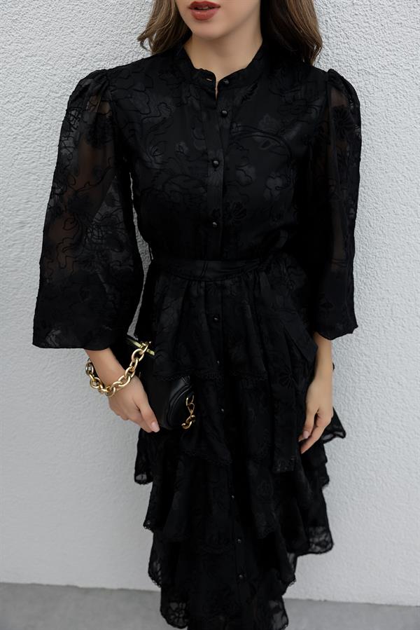 Etek Kat Volanlı Tasarım Elbise - SİYAH