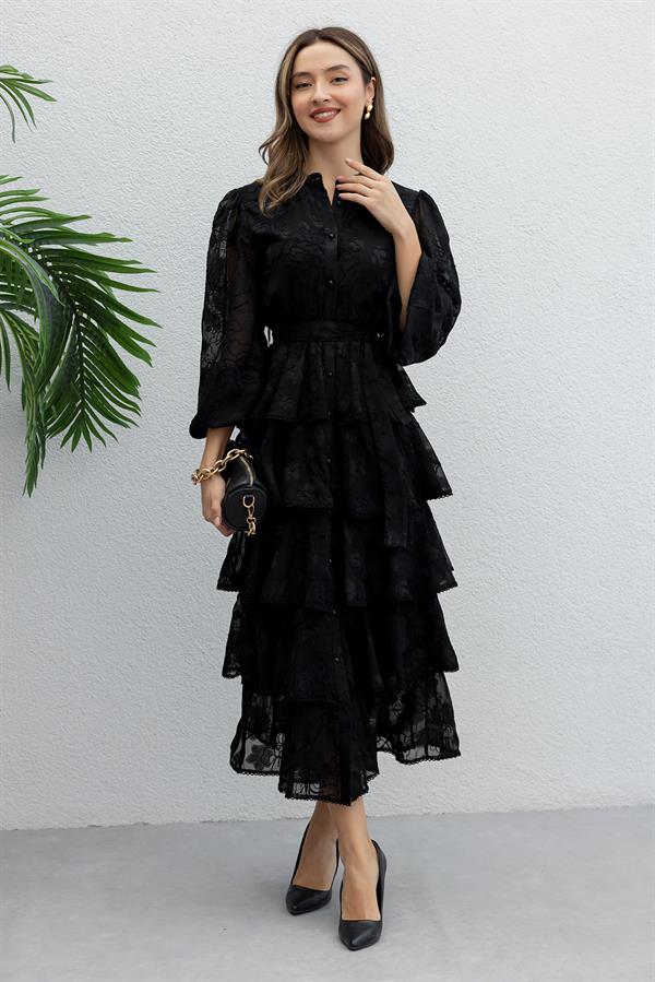 Etek Kat Volanlı Tasarım Elbise - SİYAH