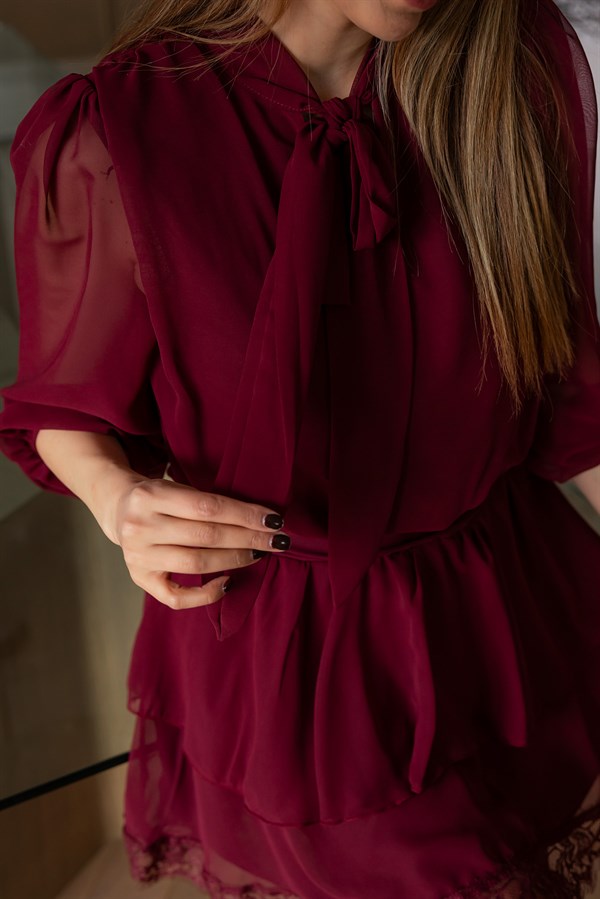 Etek Ucu Dantelli Şifon Elbise - BORDO