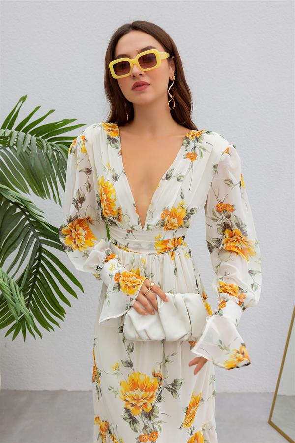 Etek Volan Desenli Elbise - KREM