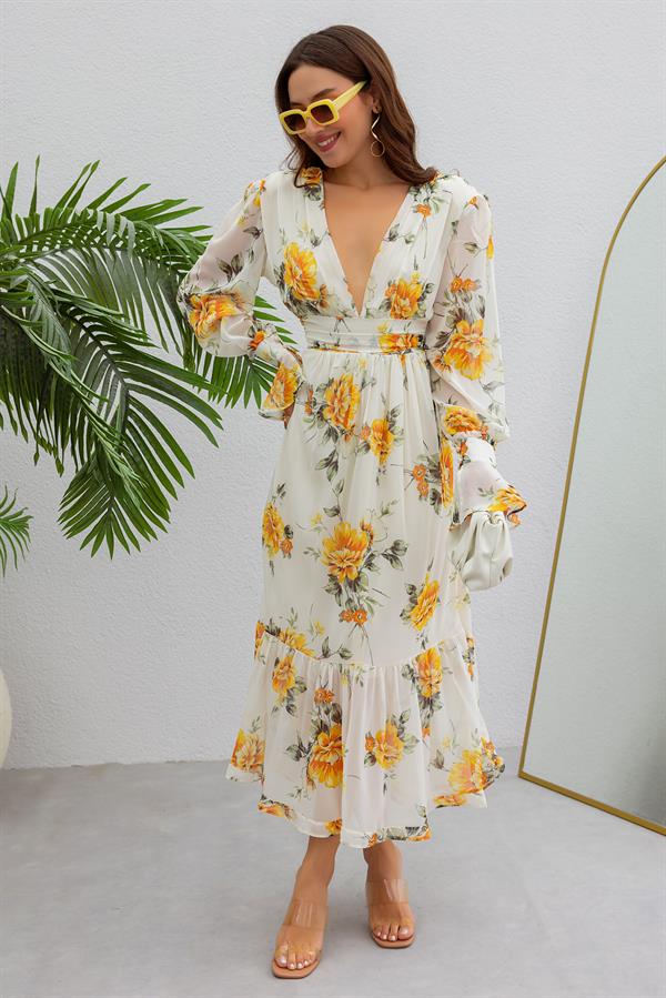 Etek Volan Desenli Elbise - KREM